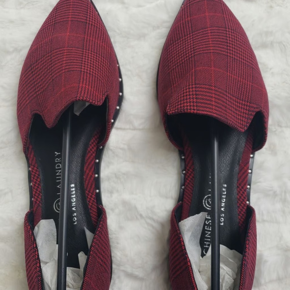 Chinese Laundry Emy D'Orsay Pointed Flat Shoe Red Black Houndstooth Plaid Size 7